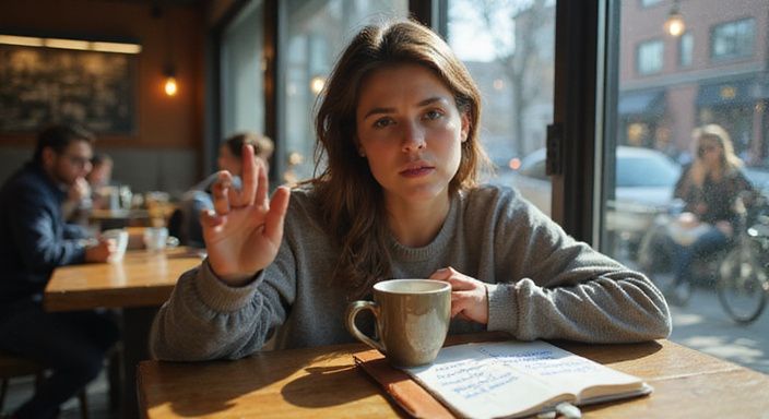 Een vrouw in een café overweegt dating met een smartphone. Een vrouw in een café overweegt dating met een smartphone.