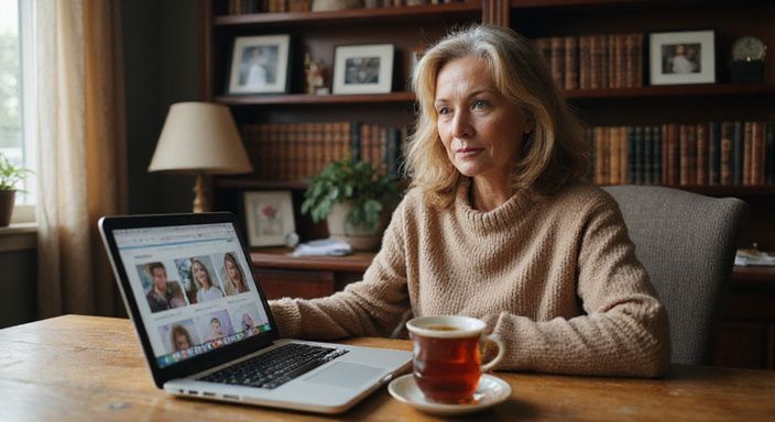 Een vrouw in de vijftig werkt aan haar laptop in een thuiskantoor. Een vrouw in de vijftig werkt aan haar laptop in een thuiskantoor en wil een oudere vrouwen sexdate.