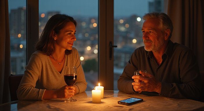Een romantisch diner tussen twee middelbare volwassenen in een moderne setting. Een romantisch diner tussen twee middelbare volwassenen in een moderne setting.