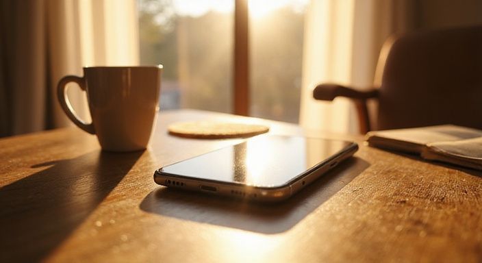 Een smartphone ligt op een verweerd eikenhouten oppervlak naast een raam. Een smartphone ligt op een verweerd eikenhouten oppervlak naast een raam.