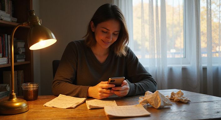Een vrouw glimlacht terwijl ze naar haar smartphone kijkt. Een vrouw glimlacht terwijl ze naar haar smartphone kijkt.