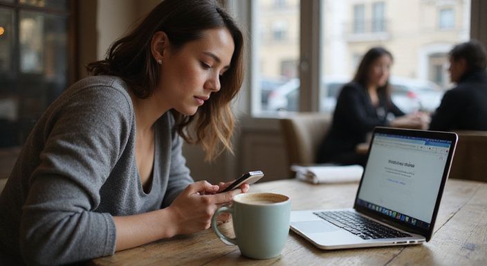 Een jonge vrouw is gefocust op haar smartphone en laptop. Een jonge vrouw zoekt op haar smartphone en laptop naar een oudere vrouwen sexdate.