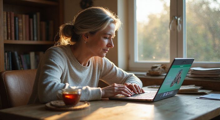 Een vrouw van medio vijftig kijkt geconcentreerd naar haar laptop. Een vrouw van medio vijftig kijkt geconcentreerd naar haar laptop.