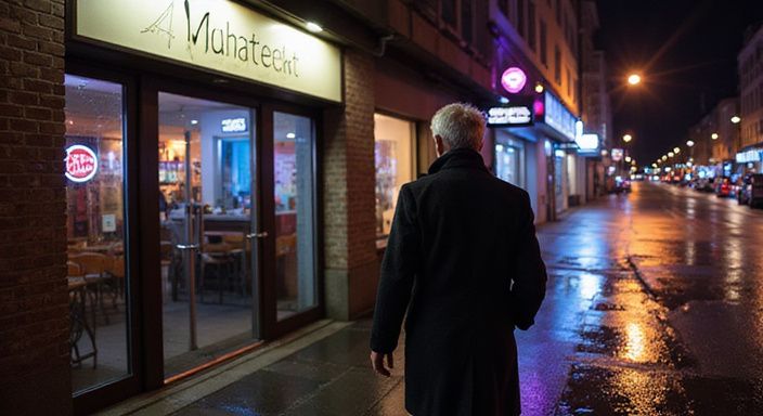 Een man nadert de ingang van een adult entertainment venue.