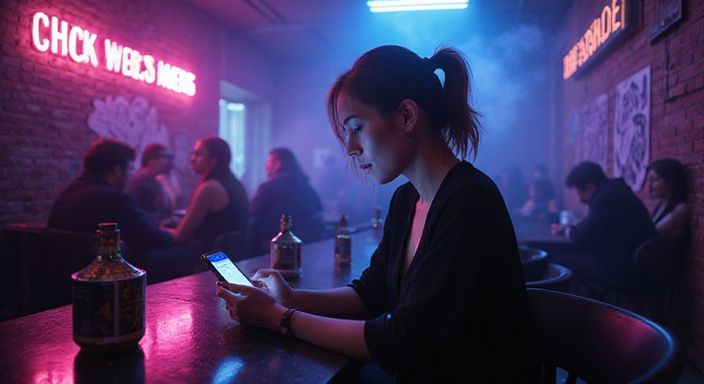 Een vrouw zit alleen aan de bar met haar smartphone op zoek naar sexcontact Duitsland.