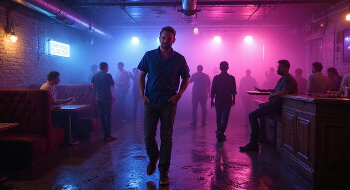 Een man danst in een underground nachtclub met andere feestgangers.