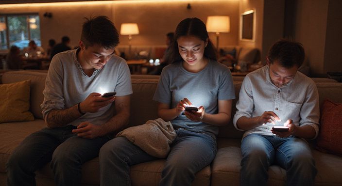 Een diverse groep volwassenen verdiept in hun smartphones op zoek naar sexcontact Duitsland.