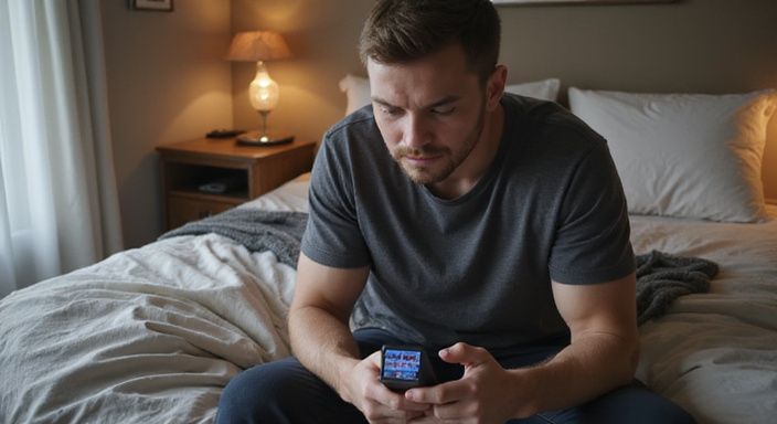 Een man toont bezorgdheid terwijl hij een datingprofiel voor sexcontact Duitsland bekijkt.