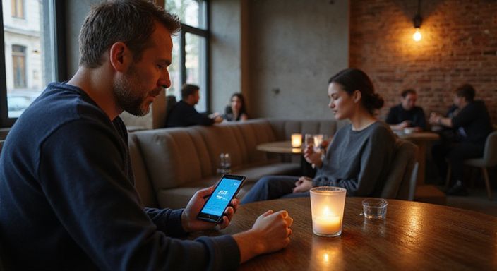 Twee volwassenen in een moderne lounge, verdiept in hun smartphones.