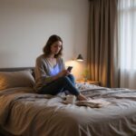 Een vrouw zit op de rand van een modern bed in een slaapkamer