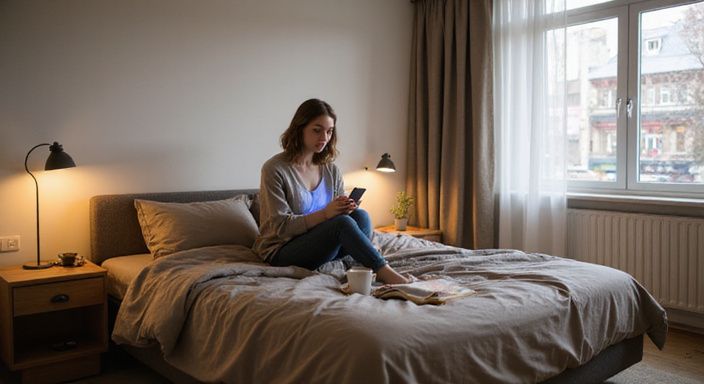 Een vrouw zit op de rand van een modern bed in een slaapkamer.