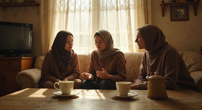 Drie generaties vrouwen delen een intiem moment in hun woonkamer. Drie generaties vrouwen praten over Marokkaanse Vrouwen sexcontact