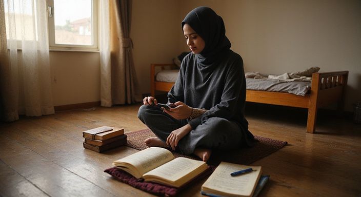 Een vrouw leest geconcentreerd in een eenvoudige, gezellige slaapkamer. Een vrouw leest geconcentreerd in een eenvoudige, gezellige slaapkamer.