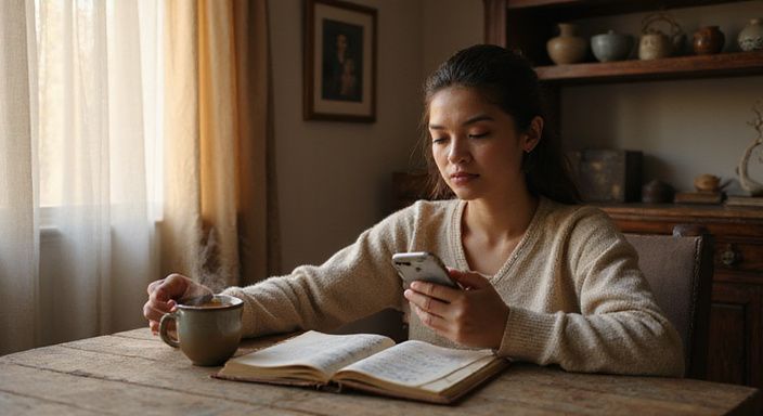Een vrouw leest geconcentreerd in een warme, huiselijke omgeving. Een vrouw leest geconcentreerd in een warme, huiselijke omgeving.