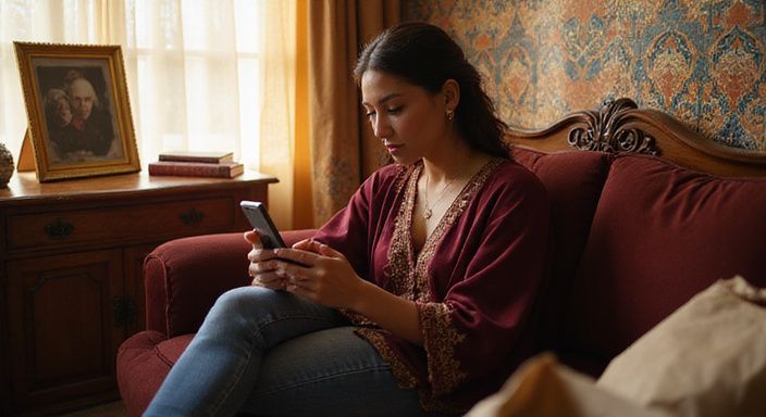 Een vrouw in een kaftan kijkt nadenkend naar haar smartphone. Een vrouw in een kaftan kijkt nadenkend naar haar smartphone.