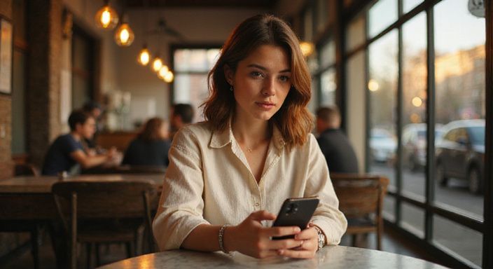 Een vrouw in een café kijkt geconcentreerd naar haar smartphone. Marokkaanse Vrouwen sexcontact zoeken