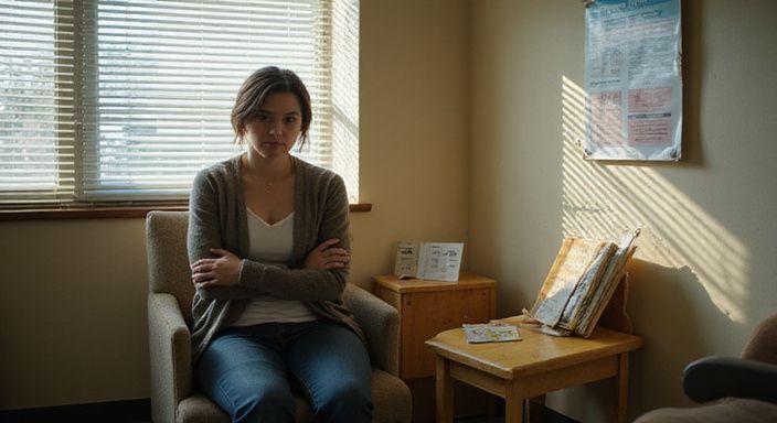 Een vrouw in een klinisch kantoor reflecteert en zoekt ondersteuning. Een vrouw in een klinisch kantoor reflecteert en zoekt ondersteuning.
