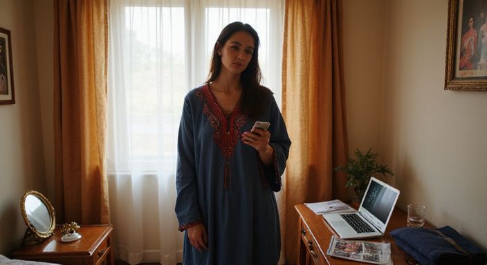 Een vrouw in een kaftan, verdiept in haar smartphone. Een vrouw in een kaftan zoekt naar Marokkaanse Vrouwen sexcontact.